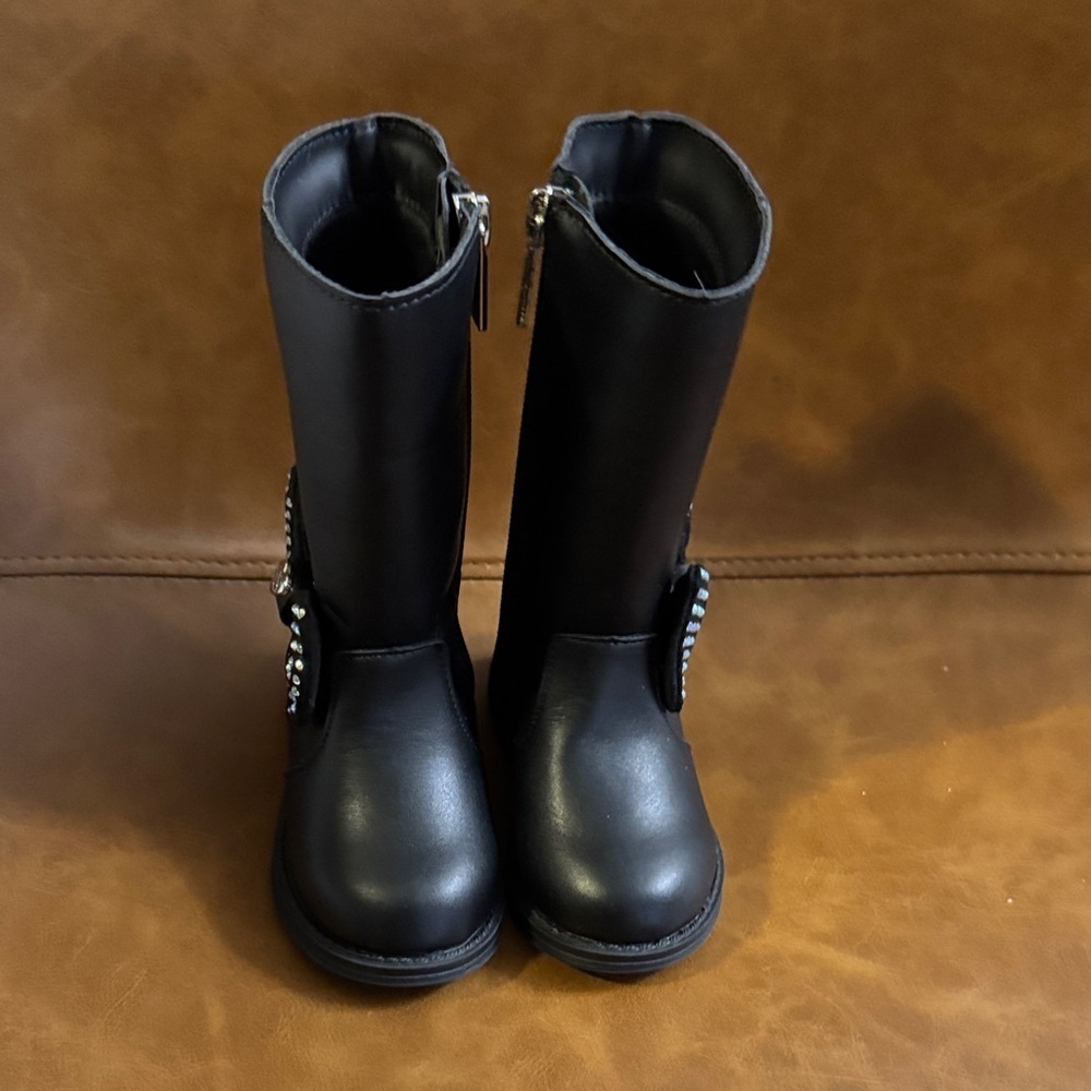 Jessica Simpson Toddler Girl Tall Black Boots with Rhinestone Bow - Picture 2 of 8